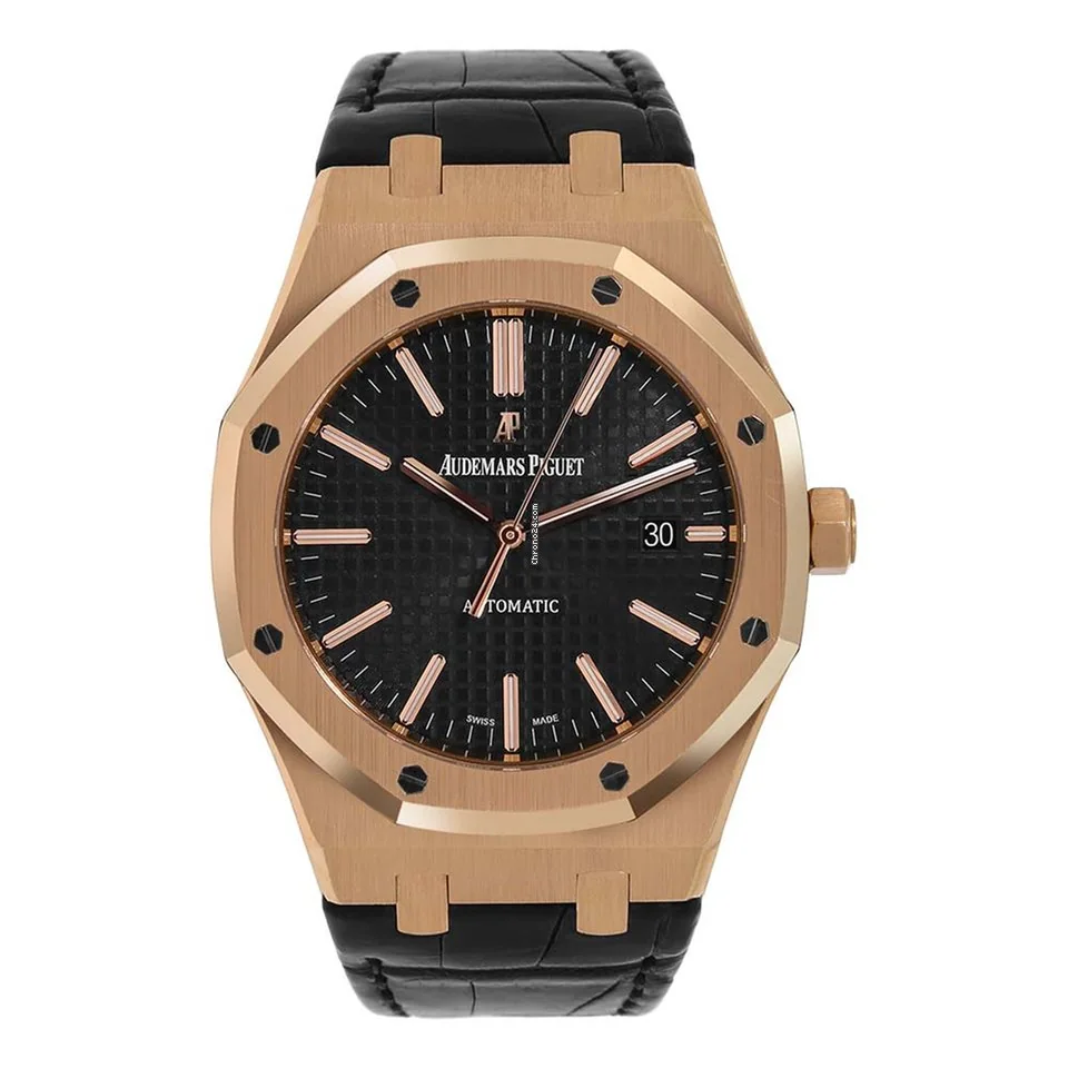 Audemars Piguet Royal Oak Rose Gold Black Leather Watch - 41mm